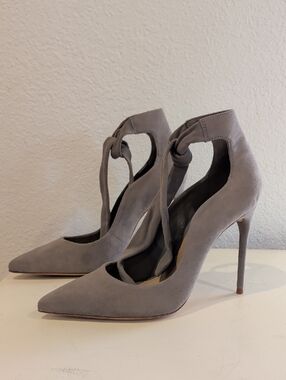 SCHUTZ Gray Suede Pointed-Toe Tie-Ankle Stiletto Pumps